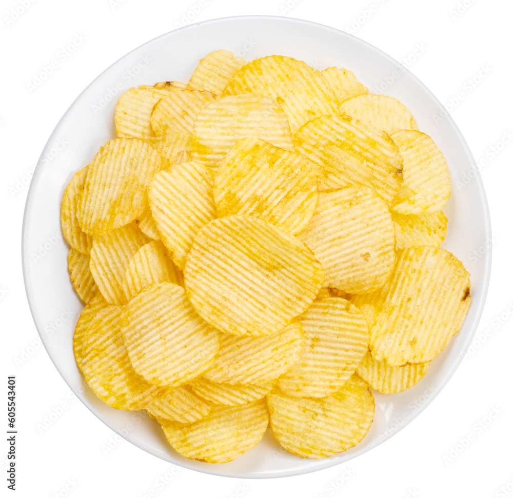 Snack Potato chips,Potato chips on white plate on white background, Fried Potato chips on white PNG File. Snack Potato chips,Potato chips on white plate on white background, Fried Potato chips on white PNG File.
