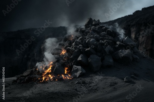Extracting coal against environmental concerns with black coals  energy source  volcanic rock background. Generative AI