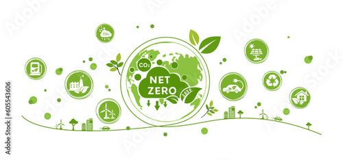 Net zero and carbon neutral concept. Net zero greenhouse gas emissions target. Climate neutral long term strategy with green net zero icon and on the world and green city with circles doodle backgroun