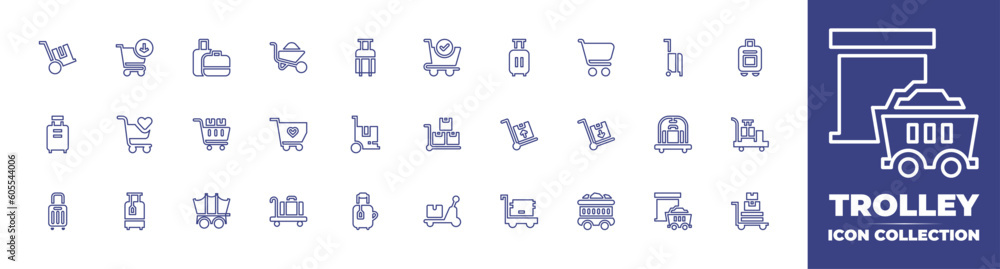 Trolley line icon collection. Editable stroke. Vector illustration. Containing delivery, add to cart, suitcase, wheelbarrow, shopping cart, baggage, cart, travel baggage, luggage, and more.