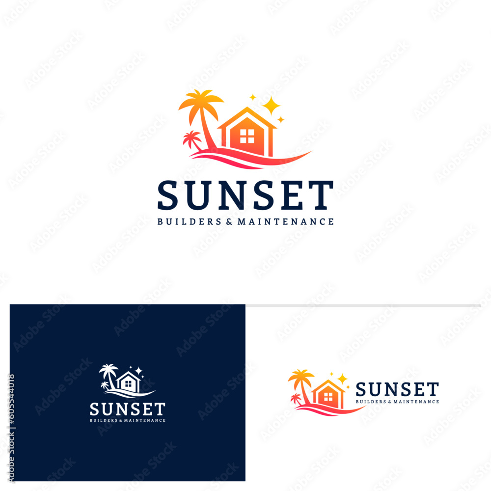 House on the beach logo template, Creative House logo design vector, Sun logo concepts House on the beach logo template, Creative House logo design vector, Sun logo concepts