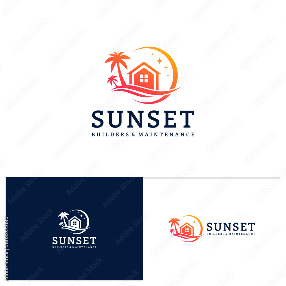 Fototapeta premium House on the beach logo template, Creative House logo design vector, Sun logo concepts