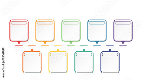 Horizontal timeline or flowchart with nine square elements and space for data. Concept of 9 successive steps of company process.