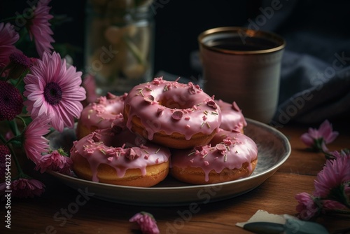 Yummy donuts topped with ruby glaze on table with lovely pink flowers. Generative AI