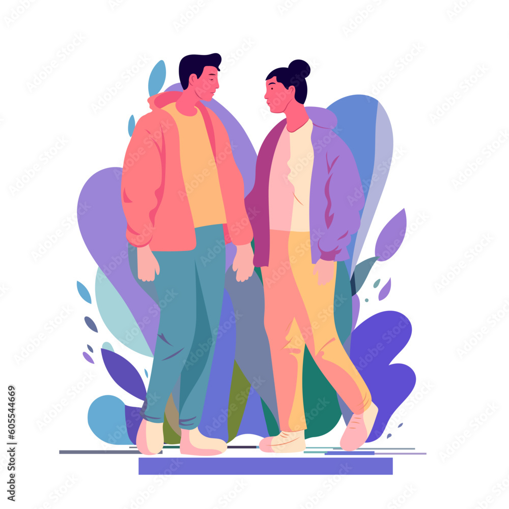 Homosexual boys in bright background. Happy LGBT men in love. Male persons holding hands together. Cartoon character flat vector design