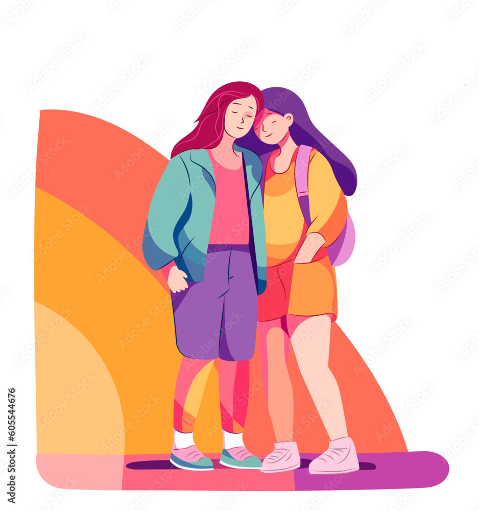 Hugging LGBT girls in rainbow background. Happy lesbian women together. Bisexual community design. Cartoon character flat vector Hugging LGBT girls in rainbow background. Happy lesbian women together. Bisexual community design. Cartoon character flat vector