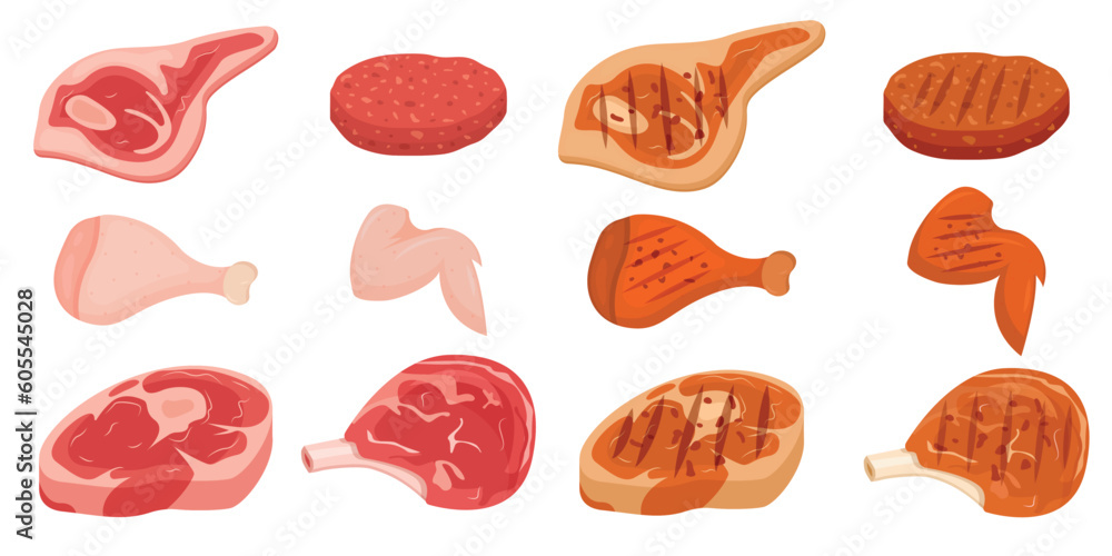 Vector cartoon image of meat products. The concept of farm fresh meat, smoked sausages, etc. Cooking and selling elements for your design.