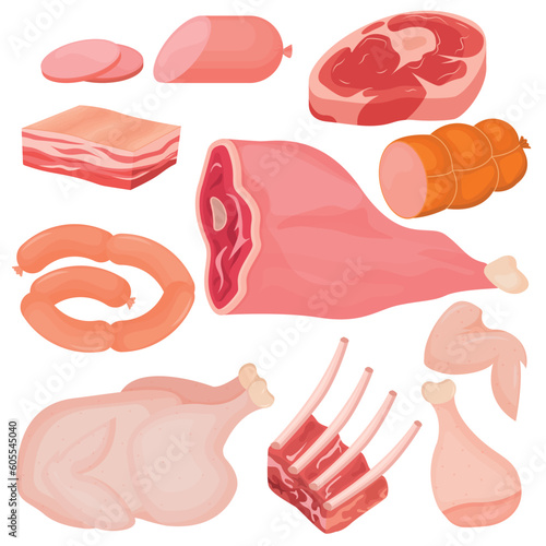 Vector cartoon image of meat products. The concept of farm fresh meat, smoked sausages, etc. Cooking and selling elements for your design.