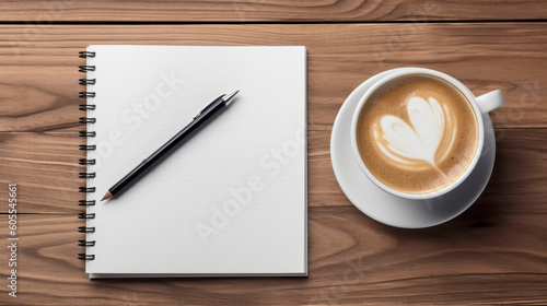 Cup of coffee with notebook, pen  on wooden table. Top view and copy space. Generative AI.