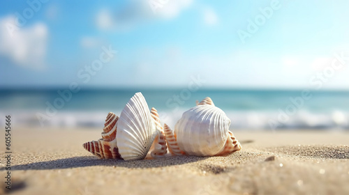 Landscape with seashells on tropical beach  summer concept. Generative AI.