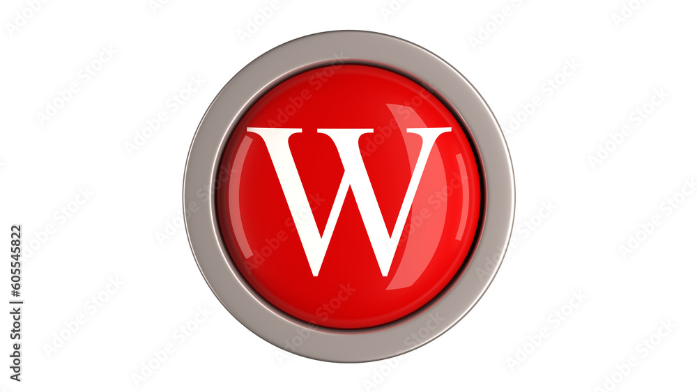 Red Button 3d with letter W white color on top, 3d button PNG isolated white background Red Button 3d with letter W white color on top, 3d button PNG isolated white background