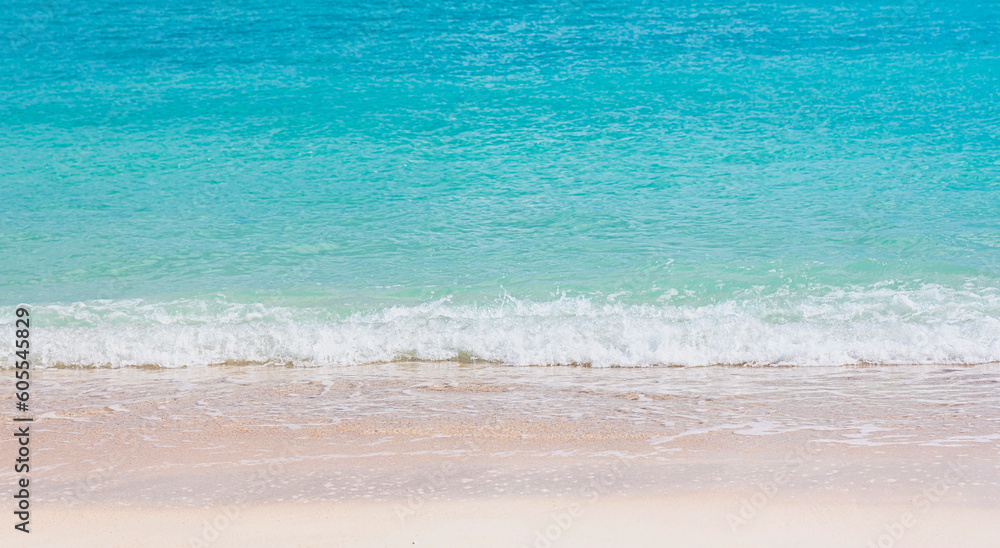 Aerial view with beach in wave of turquoise sea water shot, Top view of beautiful white sand background