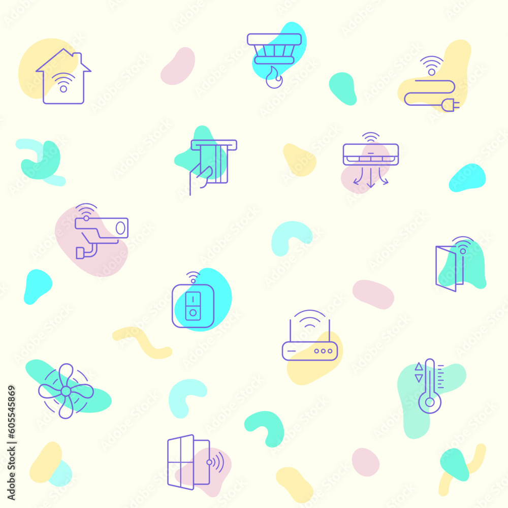 Vector illustration of a cute smart home. Collection of house, hub, door lock, sensor, control, smart watch, lighting, devices, washing machine and other elements. Isolated on beige Vector illustration of a cute smart home. Collection of house, hub, door lock, sensor, control, smart watch, lighting, devices, washing machine and other elements. Isolated on beige