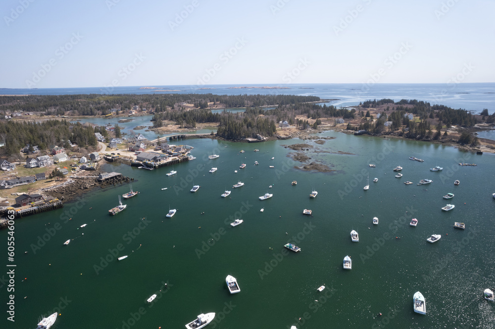 Aerial drone image of the protected harbor on Vinalhaven island in Maine
