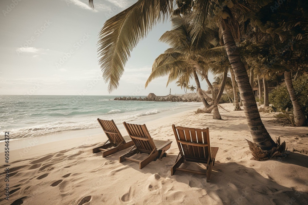 Relaxing tropical beach with palm trees, calm sea, and leisure chairs. A luxurious vacation destination for couples. Generative AI