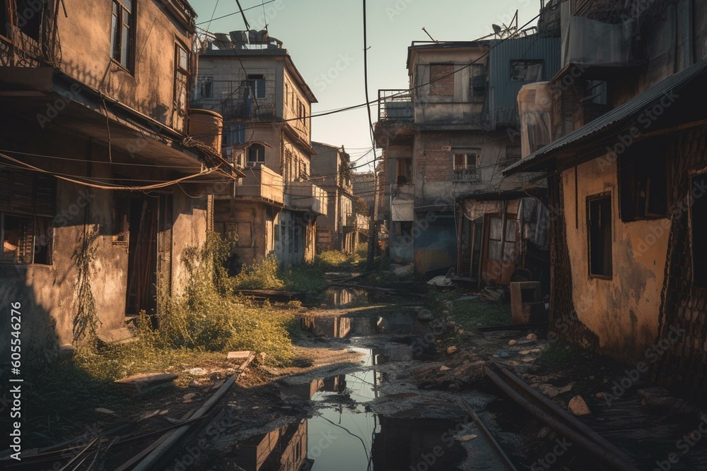 Neglected urban area with dilapidated residences. Generative AI