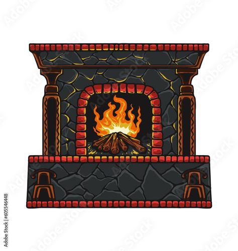 gothic fireplace with burning firewood