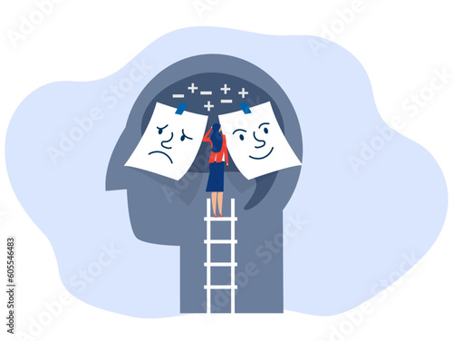 woman confused Mixed emotions of happiness and sadness under mask imposter syndrome, Bipolar disorder, fake faces and emotions. psychology, false behavior or deceiver.vector illustrator