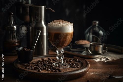 A classic coffee cocktail consisting of espresso, vodka, and sweetener shaken into a frothy treat. Generative AI