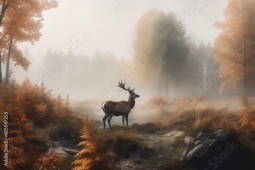 Foggy autumn landscape with deer in a watercolor style banner. Generative AI
