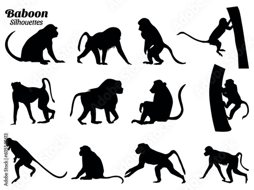 Baboon monkey silhouettes vector illustration set.