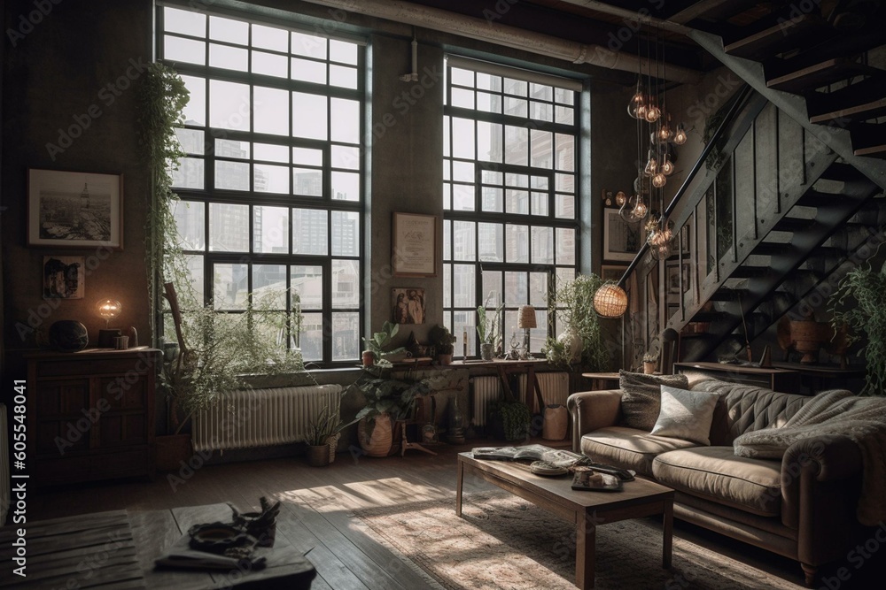 Urban industrial loft in downtown with vintage charm. Generative AI