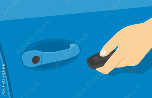 Close-up of hand holding remote controller car key. Car door handle. Flat vector illustration template.