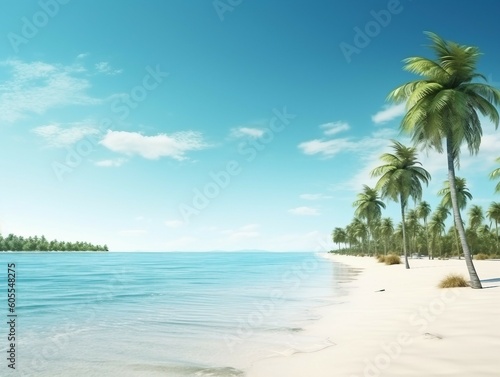 Tropical paradise beach with white sand and coco palms, Panoramic beach landscape. Empty tropical beach and seascape, AI Generated © mashimara