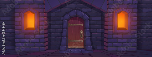 Old wooden door of medieval castle. Vector cartoon illustration of stone wall, arch doorway, illuminated windows. Ancient dungeon, underground prison, royal palace, fortress facade. Game background