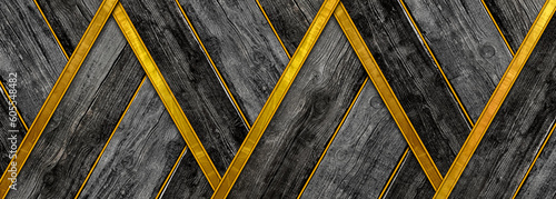 Fotografie Vintage chared floor boards herringbone wood texture with golden inlay