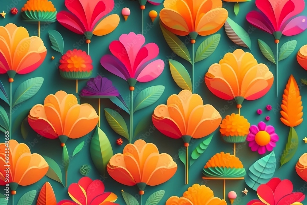 Background with plants and flowers in cartoon flat style. AI generation
