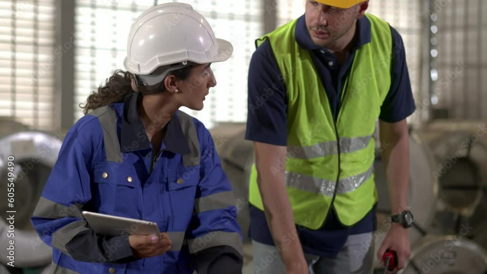 Young inspector female and foreman checking quality of metal sheet in factory Young inspector female and foreman checking quality of metal sheet in factory