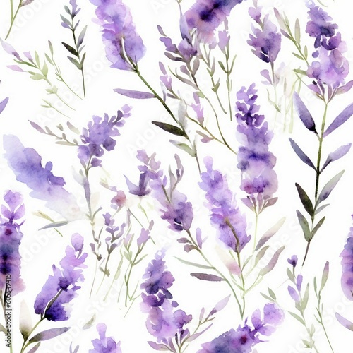 Seamless background of tender watercolor lavender on white, ai generated