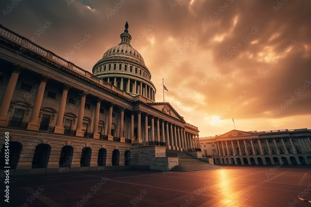 Sunrise over the US Capitol in Washington DC. Generative AI