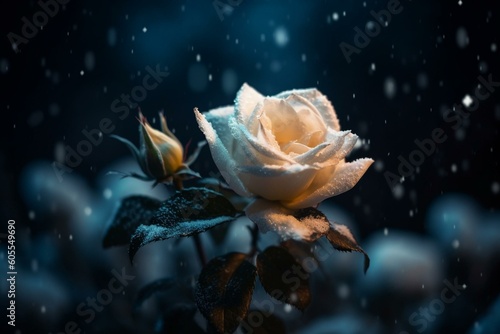 Snowy rose in glittering night. Generative AI