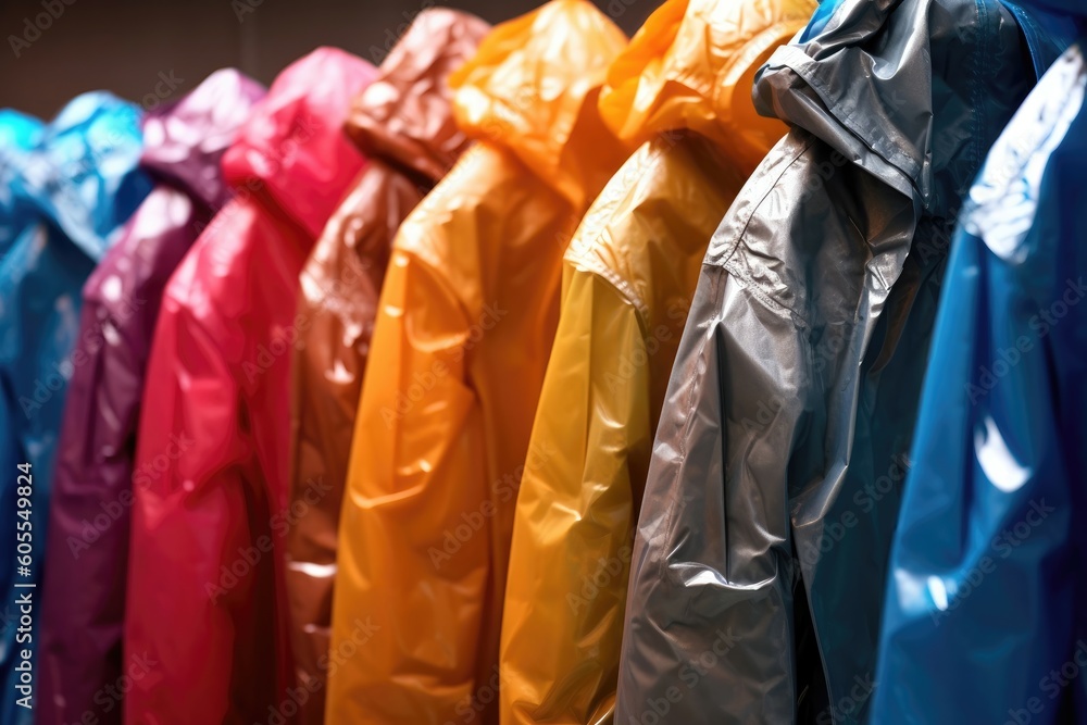 Colorful line of rain jackets. Concept of rainwear. Generative AI