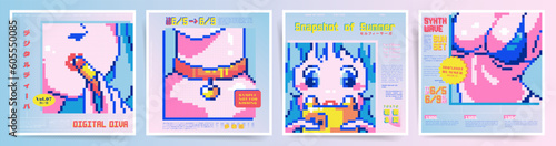 Pixel Art Retro Love Cards. Cute Japanese Girl's Retro Date Prep in 8 Bit Art. Aesthetic Square Poster Patterns for Albums, Notebooks, and Cafe Promotions. A Vintage 90s Synthwave, City Pop Style.