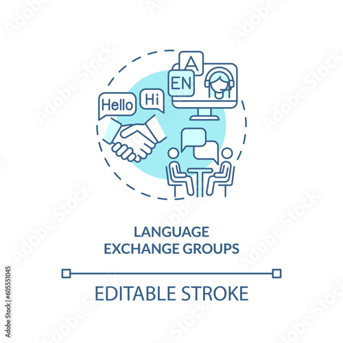 Language exchange groups turquoise concept icon. Educational technology. Micro community. Learning english abstract idea thin line illustration. Isolated outline drawing. Editable stroke