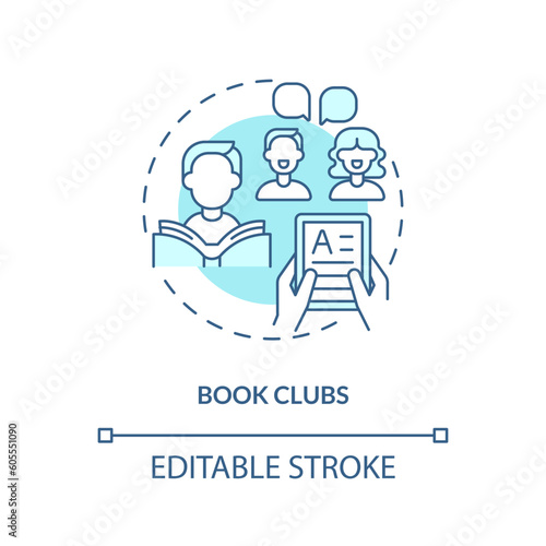 Book clubs turquoise concept icon. Discussion group. Public library. Community meeting. Social interaction. Reading book abstract idea thin line illustration. Isolated outline drawing. Editable stroke