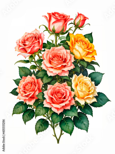 Colorful roses on white background, watercolor style. Bud and flowers of roses on white background, watercolor hand drawing, botanical painting