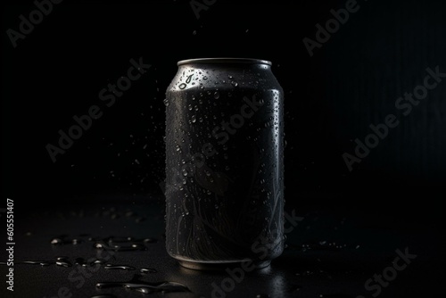 Mock up black aluminum beverage can with droplets on black background. Generative AI