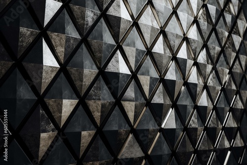 A wall background made of natural stone with polished, diamond shaped tiles that have textured, 3D blocks. Rendered in 3D. Generative AI
