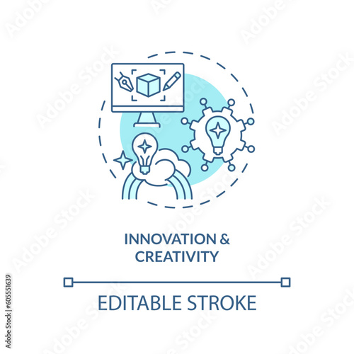 Innovation and creativity turquoise concept icon. Business idea. Problem solving. Creative thinking. Community spirit abstract idea thin line illustration. Isolated outline drawing. Editable stroke