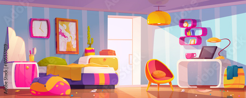 Messy bedroom with untidy bed, chaos and clutter. Girl room interior with furniture in groovy style, laptop on desk, trash on floor and disorder, vector cartoon illustration