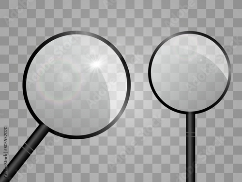 An illustration of a realistic magnifying glass for viewing objects or reading. 