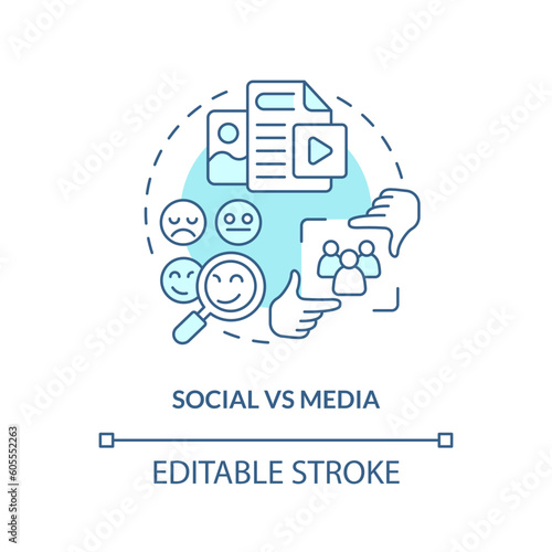 Social vs media turquoise concept icon. Online content. Interpersonal relationship. Small community. Social network abstract idea thin line illustration. Isolated outline drawing. Editable stroke