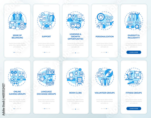 Micro community blue onboarding mobile app screen set. Social circle walkthrough 5 steps editable graphic instructions with linear concepts. UI, UX, GUI template. Myriad Pro-Bold, Regular fonts used