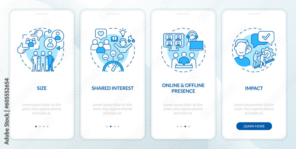 Micro community features blue onboarding mobile app screen. Walkthrough 4 steps editable graphic instructions with linear concepts. UI, UX, GUI template. Myriad Pro-Bold, Regular fonts used