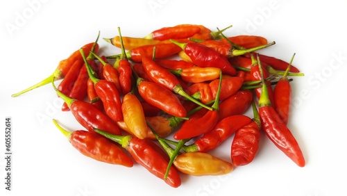 Cabe cabai rawit merah or Red cayenne pepper or Red hot chili pepper isolated on white background. Indonesian red chili chilli can be used with various dishes, cooking ingredients, and chili sauce