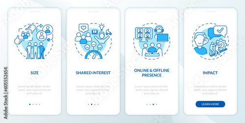 Micro community features blue onboarding mobile app screen. Walkthrough 4 steps editable graphic instructions with linear concepts. UI, UX, GUI template. Myriad Pro-Bold, Regular fonts used